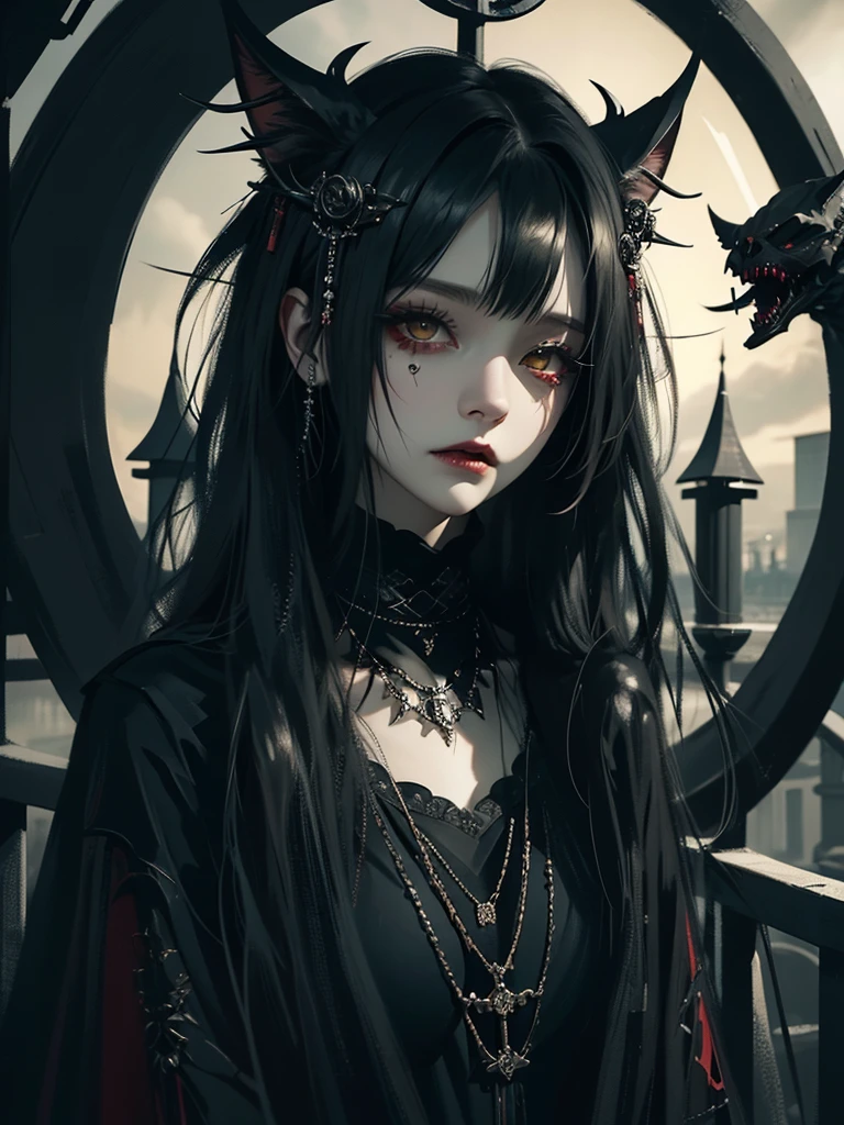 Highest quality、8K、masterpiece：1.3、Gothic Punk、The inside  is red、Black-haired、hair ornaments、Beautiful girl、creative、Dark Fantasy Style、Neogoth、Goth Fashion：1.2、Yellow Eyes、I can see the fangs、Castle at night
