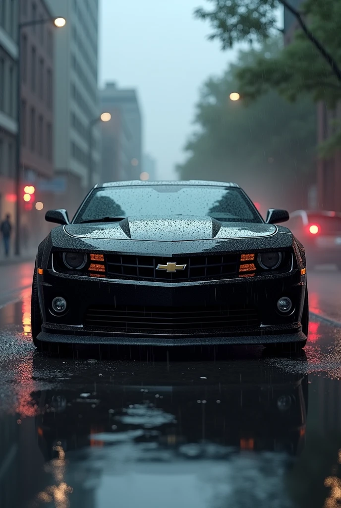 Photo of a black Camaro on its side in the rain 

