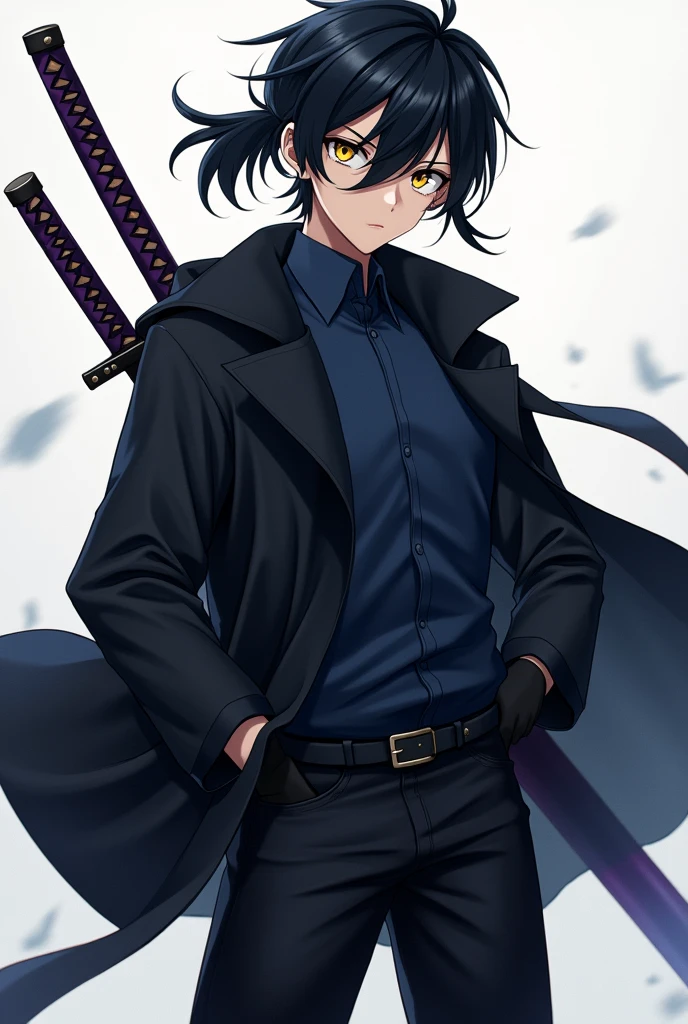 Create an anime style character, male gender with short, slightly spiky black hair with the fringe slightly covering the eye on the left side, a big ponytail, big yellow eyes, Men's black windbreaker jacket with dark blue shirt, black gloves, black pants with men's black boots, with a purple sheathed katana on his back.