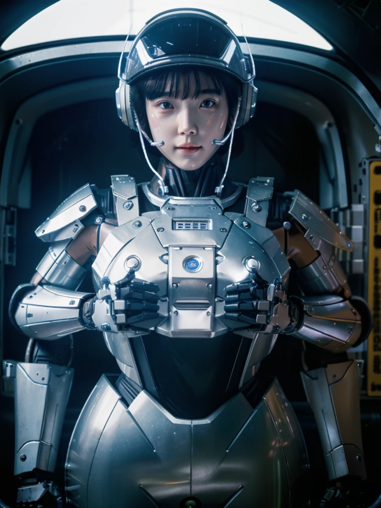masterpiece, Highest quality, Very detailed, Japanese Android girl,Plump,Slightly thicker,Control panel,robot arms,robot,Android,cyborg,white robot body,Blunt bangs,robot repair plant,The spaceship's cockpit,Harness Belt,headset,Helmet