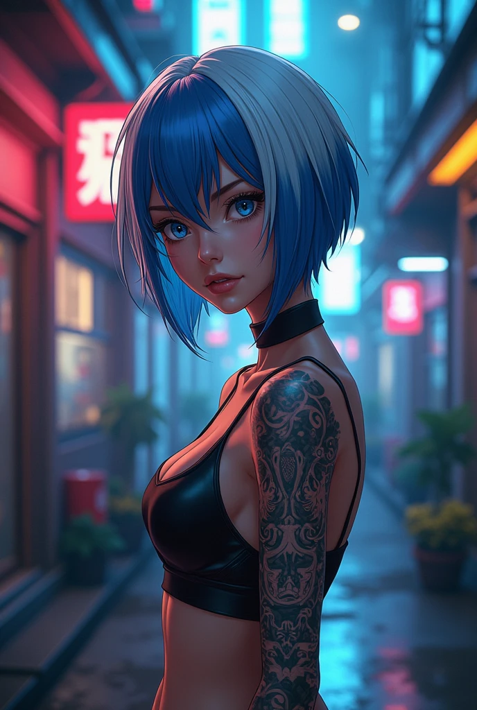  girl attractive short hair blue and white version Tokyo revengers with a tattoo of Boten