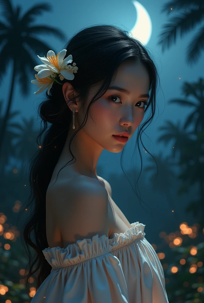 make me a picture of a beautiful Indonesian woman at night
