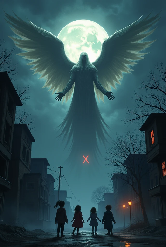 Make a dark night of full moon, an angel in the sky running after and looking at a small red X in the sky, make it scarier and 3 scared kids in town
