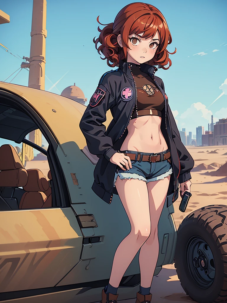 (masterpiece), (best quality), ((one girl)),alone, red hair,((brown eyes)),curly hair, anime style, freckles, (mall breast, (petite figure), blue and black cyberpunk jacket, shorts, legs, shirt length to hip, ((desert background)) 