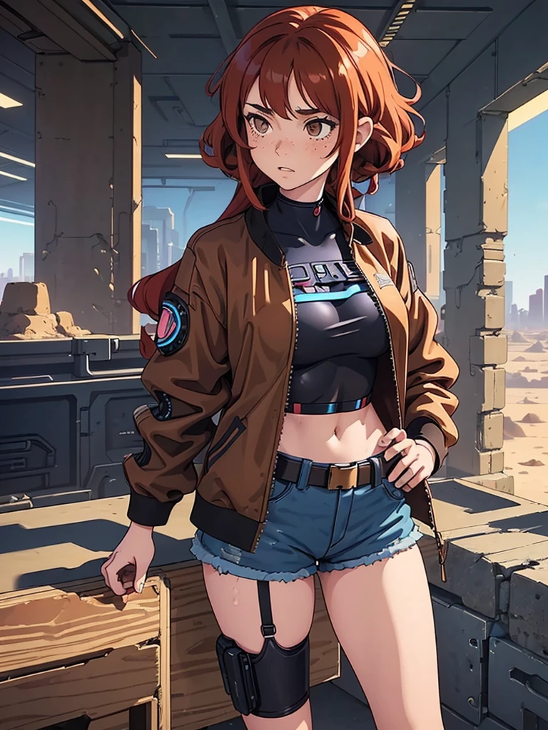 (masterpiece), (best quality), ((one girl)),alone, red hair,((brown eyes)),curly hair, anime style, freckles, (mall breast, (petite figure), blue and black cyberpunk jacket, shorts, legs, shirt length to hip, ((desert background)) 