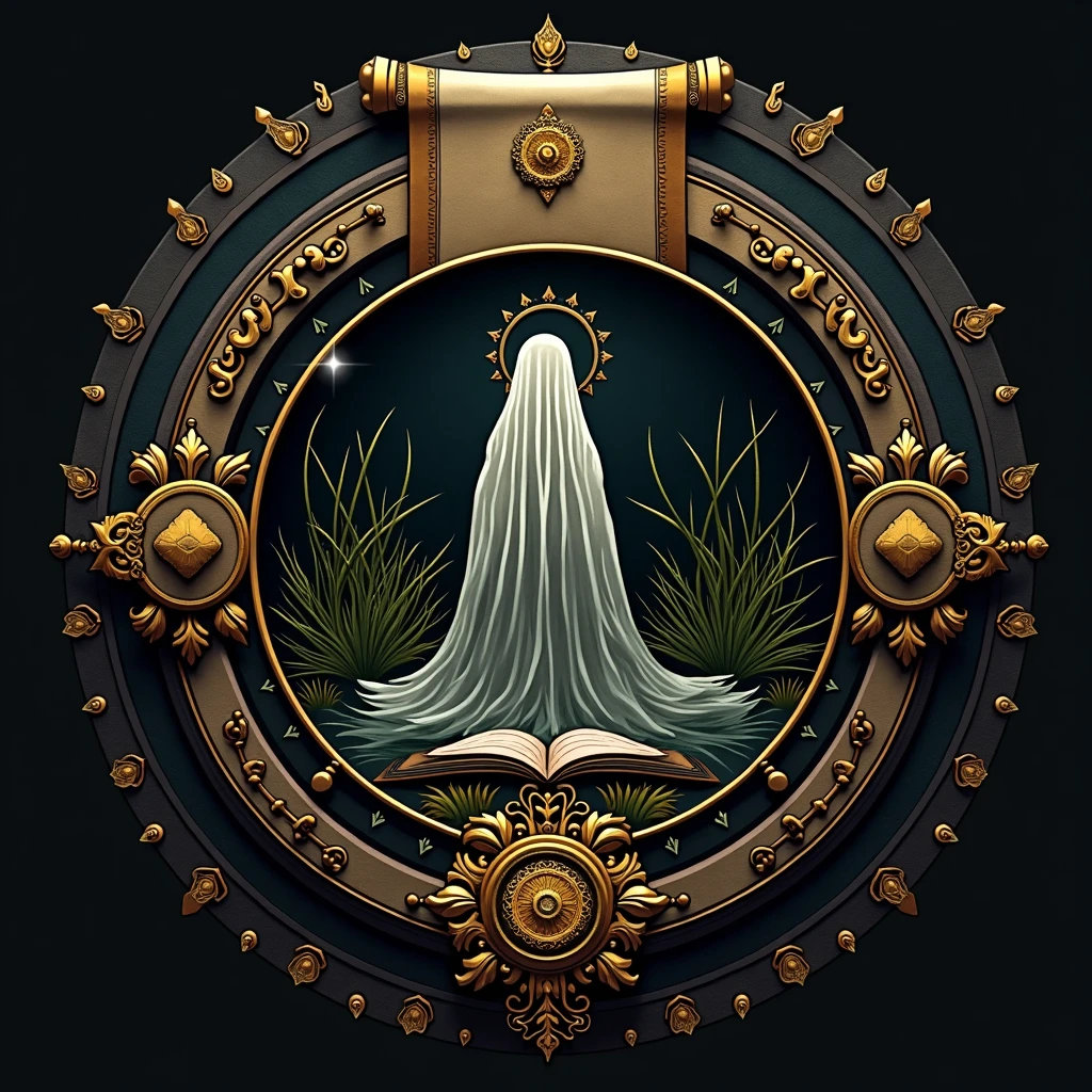 A logo design for 'Longde Story' featuring a blend of elements representing general stories, ghost stories, Dhamma tales, and historical stories. The logo should be balanced and visually appealing, using a mix of dark and soft colors like black, gold, and white. Incorporate subtle images of a ghostly figure, a historical scroll, and a Buddhist symbol, all unified within a single circular design.
