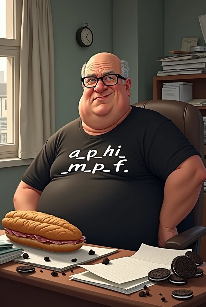 white male, aged 50, baldie, fatter, cheeky, wrinkled face, wearing glasses, eating baguette with ham, leaning against a cluttered computer desk, stacks of papers, Oreo crumbs and cookies. Wearing a black shirt with the phrase (AP_Hi) (M P F)