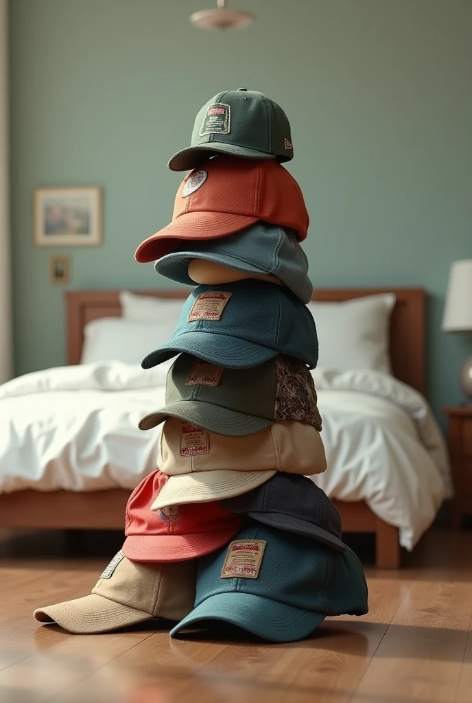 images a bunch of caps together and of different types looking at the bed!They are placed as if they were a tower of caps starting with 3 and ending in 1