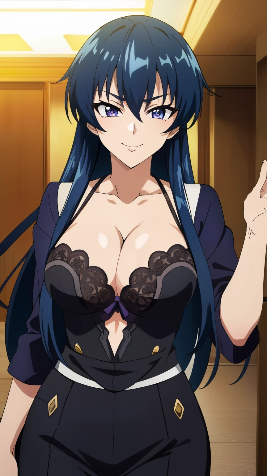 (masterpiece, best quality, high resolution, 8k:1.2), (anime), Asagi, (beautifully detailed eyes:1.2), highly detailed face, Long Hair,Blue Hair, Hair between the eyes,Thin, Side Lock, Large medium breasts, Purple eyes,  View your viewers,(outfit-asanagi, cleavage), Intricate details, Cinema Lighting, One girl, Cowboy shot, Dynamic pose, smirk