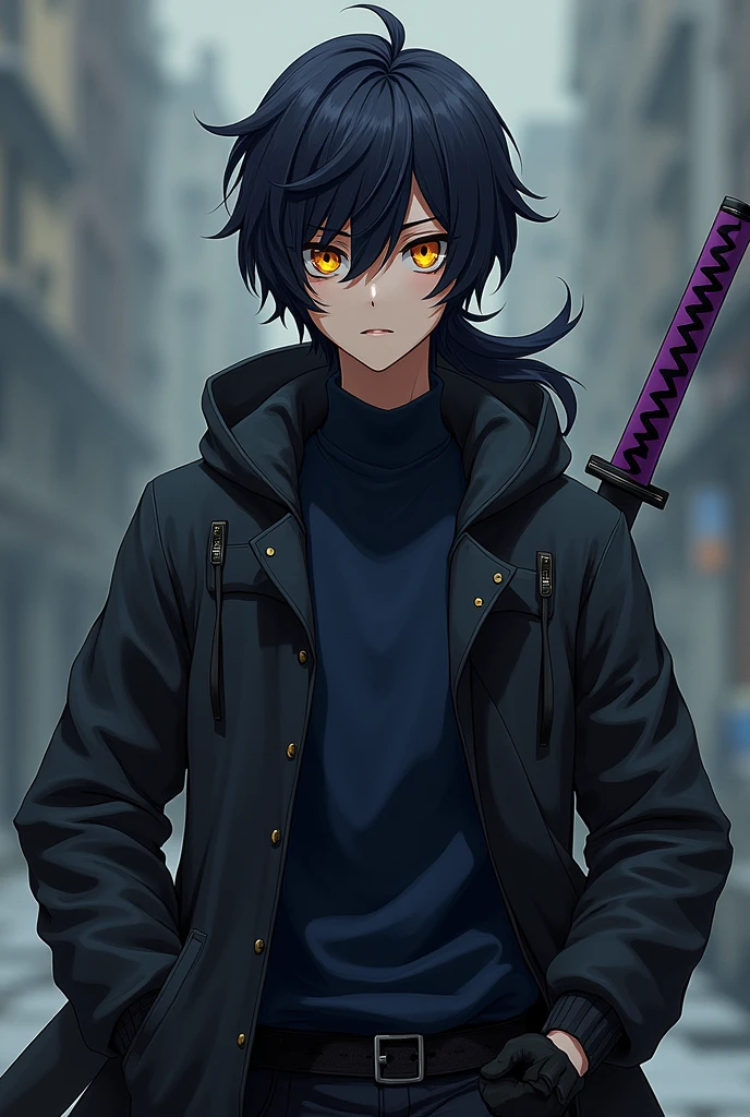 Create an anime style character, male gender with short, slightly spiky black hair with the fringe slightly covering the eye on the left side, a big ponytail, big yellow eyes, Men&#39;s black windbreaker jacket with dark blue shirt, black gloves, black pants with men&#39;s black boots, with a purple sheathed katana on his back.