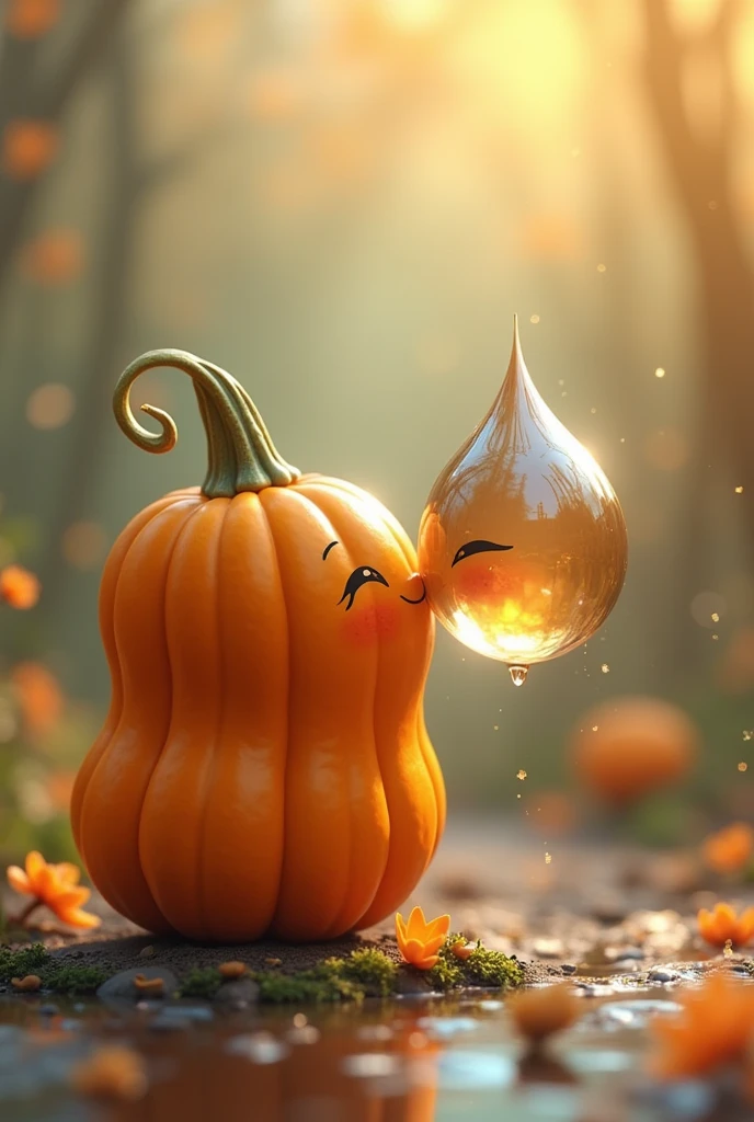 A pumpkin kissing a water