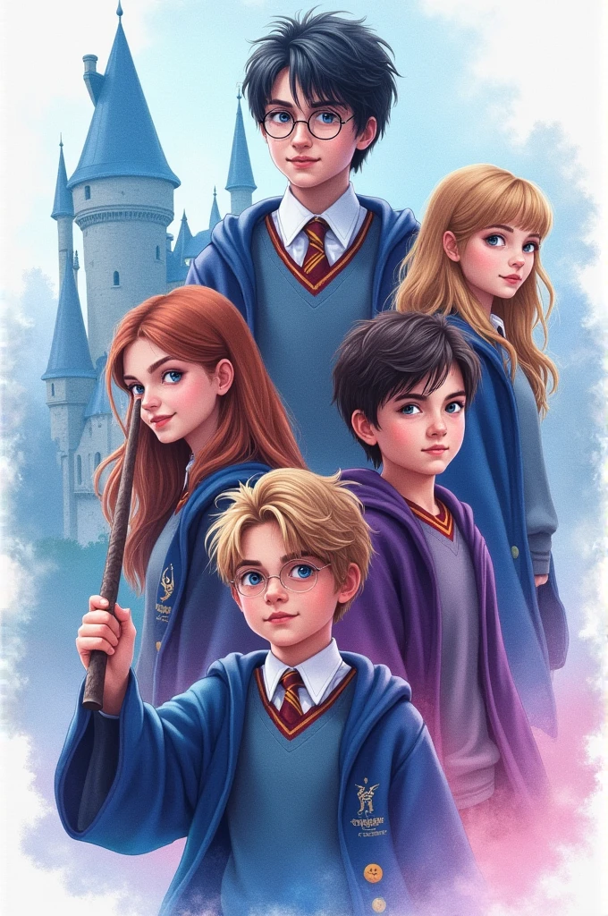 Illustration of Harry Potter Characters, painted in watercolor, with pastel tones, blue, rosado, lila.