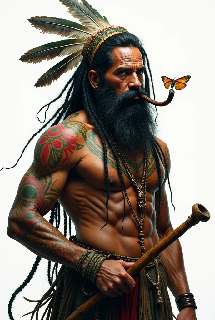(Masterpiece artwork, high qualiy, best qualityer, offcial art, beautiful and seductive aesthetics: 1.2) detailed, (curriculum: 1.4, Fractal Art: 1.3), (Bblack hair: 1.1), Destiny \ (series \), Indian, close to old age, Bblack hair, longye hair, braided hair, tribal body paintings, eyes browns, black beard, serrated beard, old body, old strong, naughty man, pinturas Indigenous no corpo, Cords, fully body, seed cord, tiger tooth cord, Wise Posture, imposing posture, smoking a pipe, wooden pipe, cachimbo Indigenous, feather headdresss, green headdress, red and white, feather headdress, Indian brasileiro , white background, naughty man, a moth in the hair, serrated beard, naughty man, Indian, Indigenous, white background
