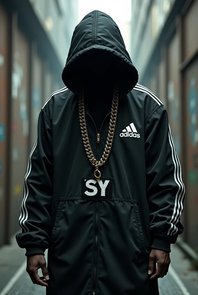 Anonymous with an ADIDAS brand coat and a chain around his neck that says SY and the small letters, aggressive