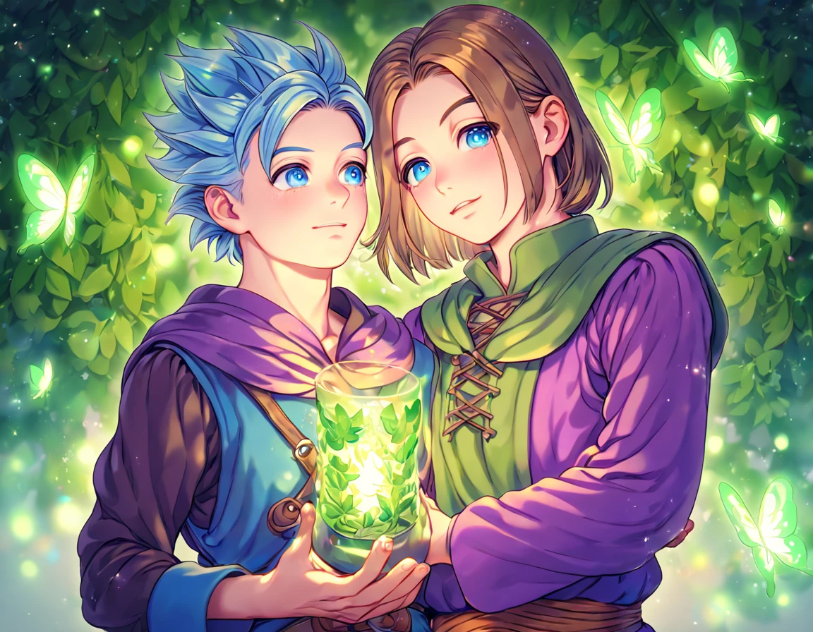 absurdres, highres, ultra detailed, HDR, master piece, best quality, extremely detailed face, detailed eyes, Erik, light-blue hair, expressive blue eyes, hair spiked up, Dragon Quest XI, Luminary, brown hair, expressive blue eyes, two sexy adult men together, gay couple, yaoi, handsome, green tunic, purple coat, under a green tree, fantasy, magical, glittering fireflies, green butterflies, green flames, glass magic, green leaves