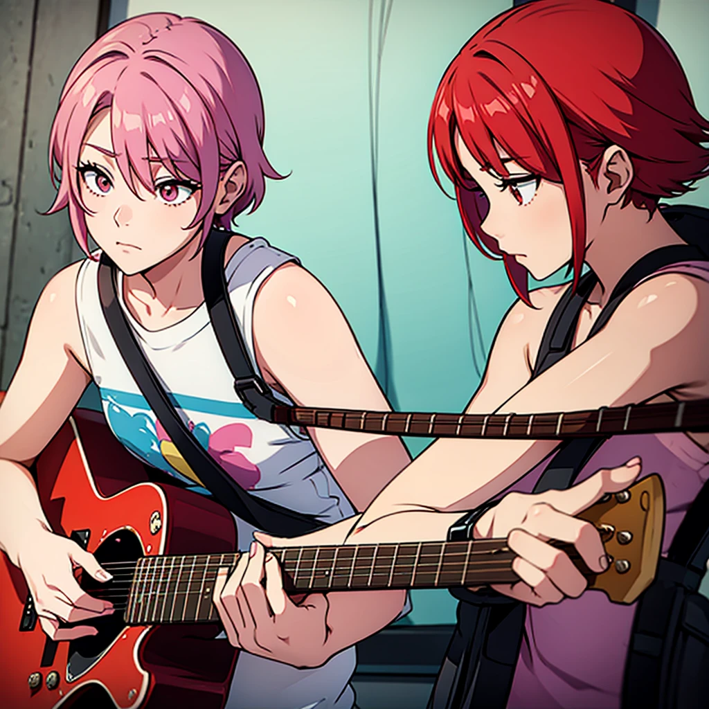 Pastel red hair, playing guitar