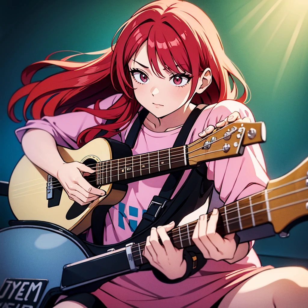 Pastel red hair, playing guitar