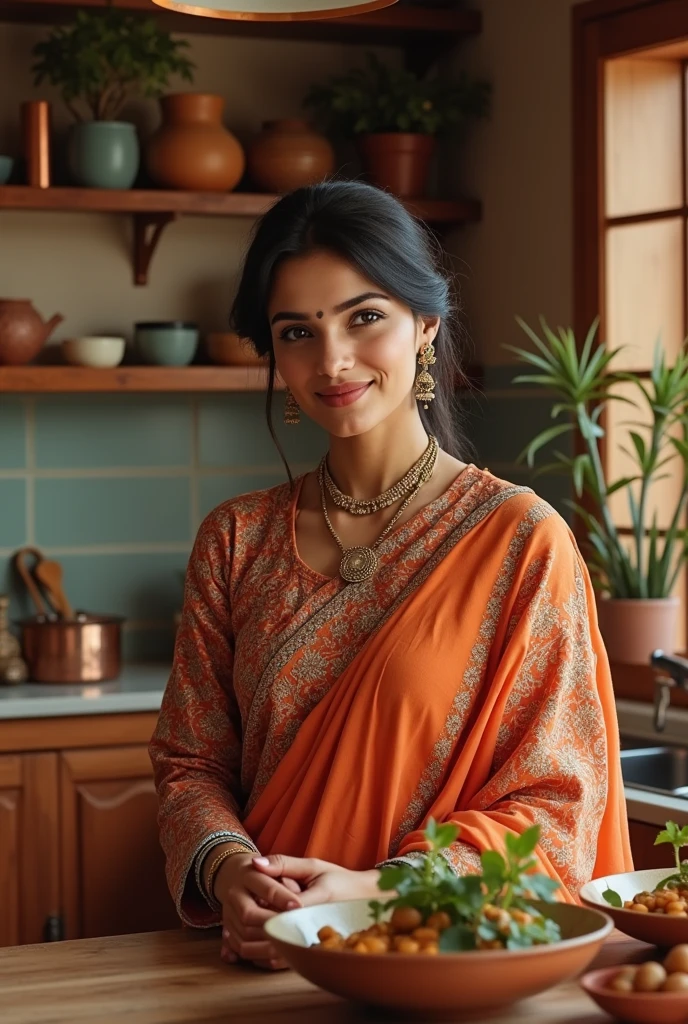 Beutiful woman, wearing kurta, in kitchen 