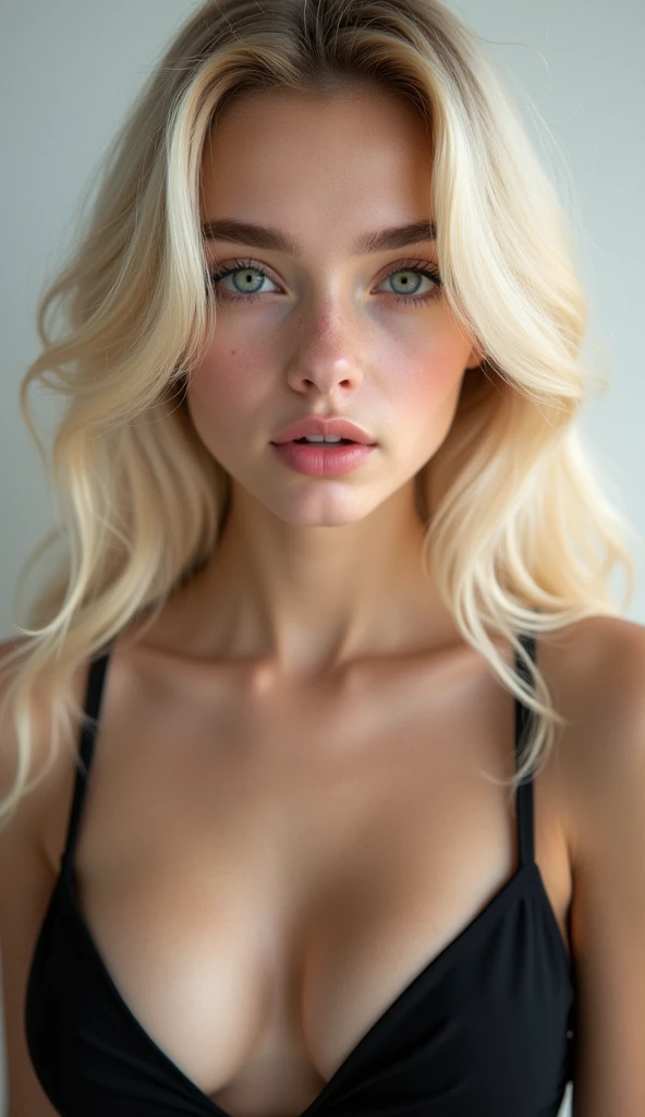 1 Girl,face close-up, face shot (1.3),corridor,Soft Light,Russian Beauty,Tight Fit,dress,Light-haired,long hair,
white background, gorgeous American-Russian girl, doll face, with thick and long wavy glossy pale golden hair, big and large dolly angel blue bright eyes, long and thick curly dark brown eyelashes, button upturned nose, high nose bridge, fullest and plumpest with a pout at the top rosy luscious lips, oval and heart shaped face mix, shorter face, shorter chin, v-shaped jawline, pointy chin, tiny face size, pale milky white traslucent perfect skin, whitening skin, hourglass shaped body, curvaceous body, tiny and narrow waist, 24 inches waist, rounded hips, long and slender beautiful legs, big perfect brests (1.4), large breasts, full body image, realistic, photorealistic, ultradetailed, skin texture, hyperealismHigh Resolution, Closed Mouth, highly detailed, high resolution 8K, wearing a tight fit black dress highliting her horglass body, 16-years-old