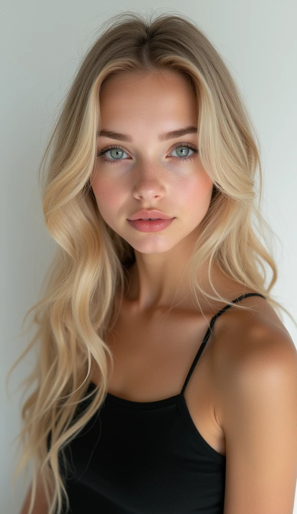 1 Girl,face close-up, face shot (1.3),corridor,Soft Light,Russian Beauty,Tight Fit,dress,Light-haired,long hair,
 white background, gorgeous American-Russian girl, doll face, with thick and long wavy glossy pale golden hair, big and large dolly angel blue bright eyes, long and thick curly dark brown eyelashes, button upturned nose, high nose bridge, fullest and plumpest with a pout at the top rosy luscious lips, oval and heart shaped face mix, shorter face, shorter chin, v-shaped jawline, pointy chin, tiny face size, pale milky white traslucent perfect skin, whitening skin, hourglass shaped body, curvaceous body, tiny and narrow waist, 24 inches waist, rounded hips, long and slender beautiful legs, big perfect brests (1.4), large breasts, full body image, realistic, photorealistic, ultradetailed, skin texture, hyperealismHigh Resolution, Closed Mouth, highly detailed, high resolution 8K, wearing a tight fit black dress highliting her horglass body, 16-years-old