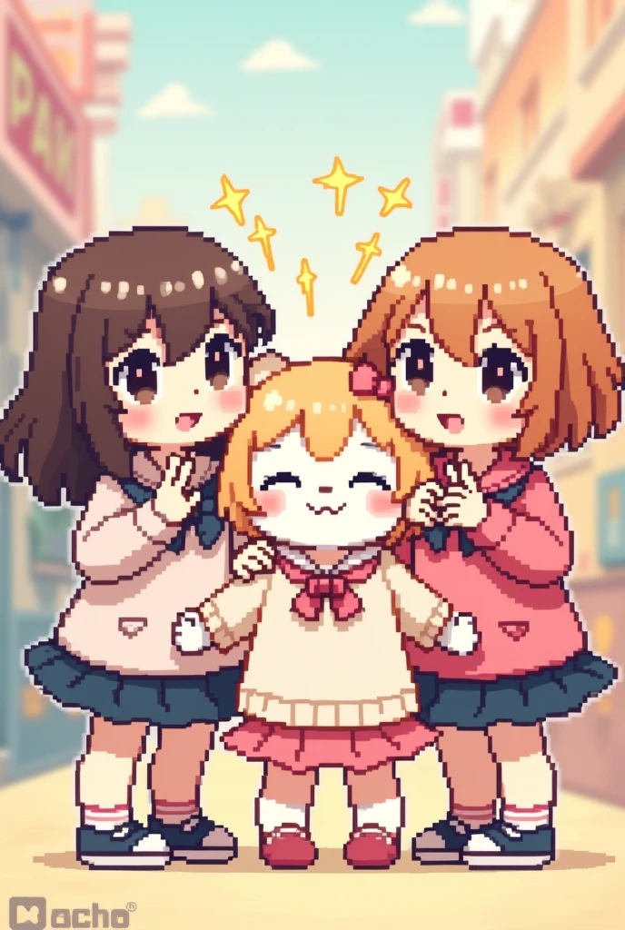 Create a pixel art style image of 3 hello kitties girlies standing next to each other, one has shoulder height brown curly hair with curls, the second one has long straight light brown coloured hair, with some side bangs, and the third one has shoulder high orange-brownish straight hair. they're smiling and blushing, with some golden sparkles around them, their hands doing peace signs and hearts, while they are hugging. They look like they're having fun 