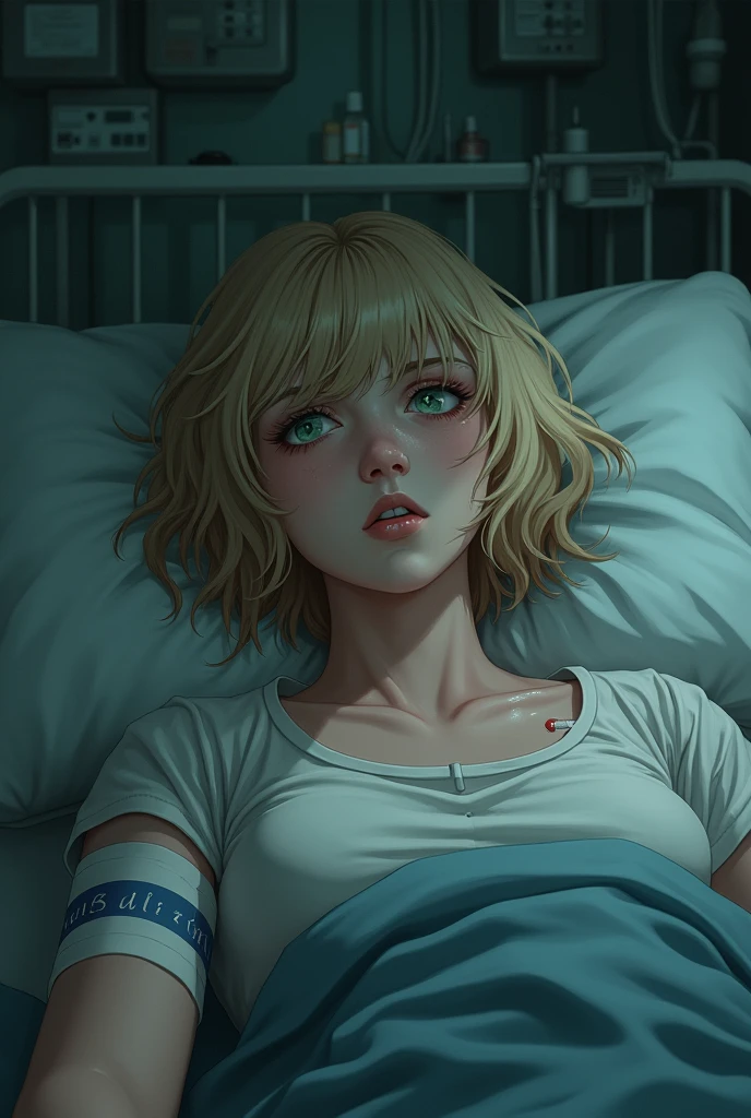 Kizi, blonde short wavy hair with bangs, dark green eyes, with dark circles and pale skin, num hospital, lying on the stretcher, with serum in the arm, hospital room scene 