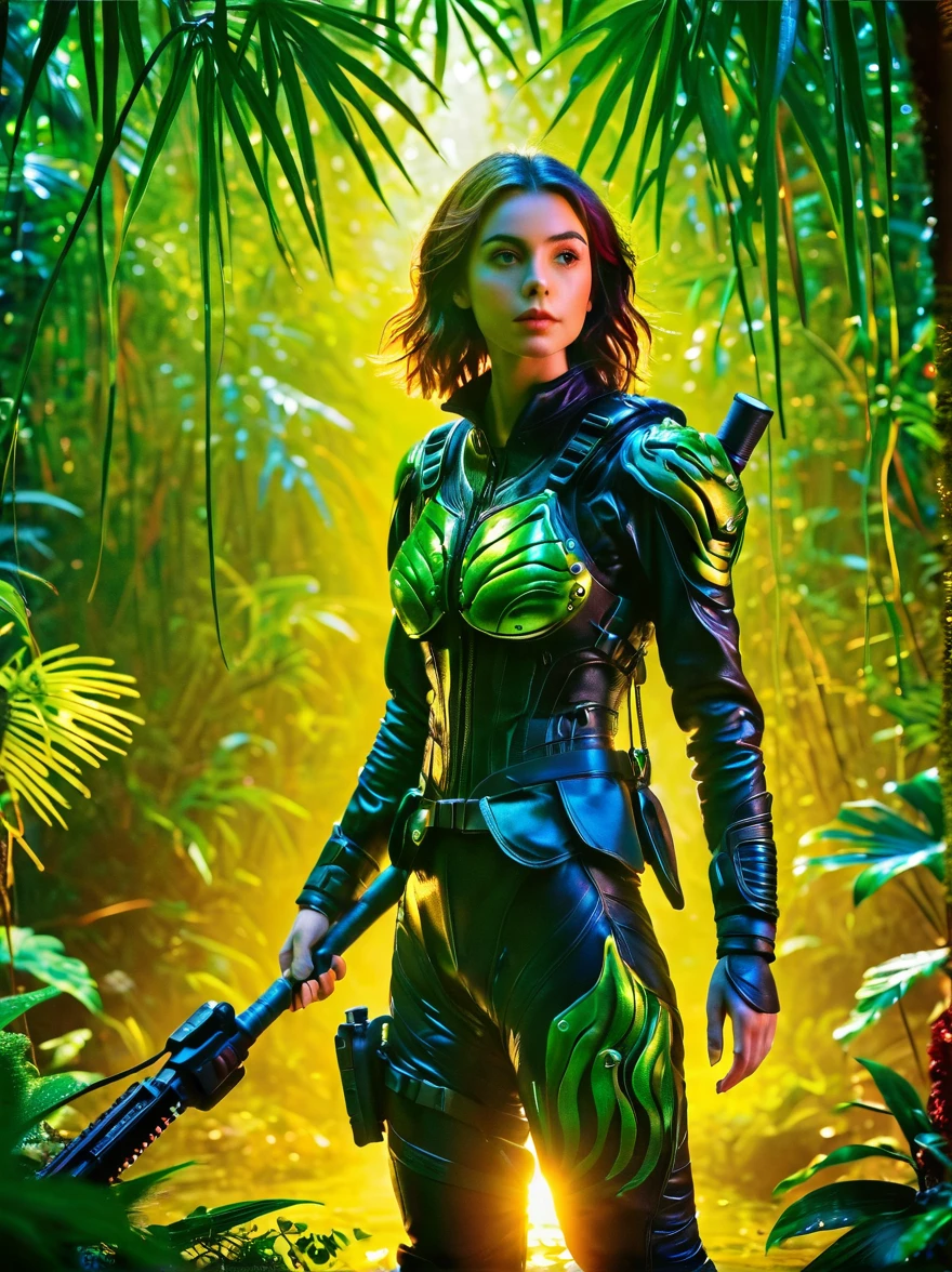 A daring female explorer, traversing the depths of a vibrant, alien jungle teeming with fascinating, never-before-seen creatures ([Lily Collins|Victoria Justice|Emma Roberts]:0.8),  Green eyes, detailed clothes, skinny, shinny glossy skin, subsurface scattering,  [(colorful explosion psychedelic paint colors:1.21)::0.2], (sharp:0.7), amazing fine detail, Nikon D850 film stock photograph Kodak Portra 400 camera f1.6 lens, rich colors, lifelike