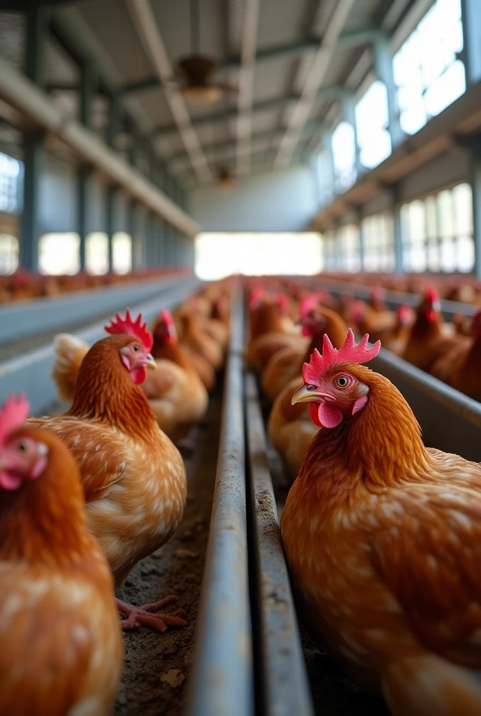 Create what a chicken coop company would look like inside where the chickens are in cages