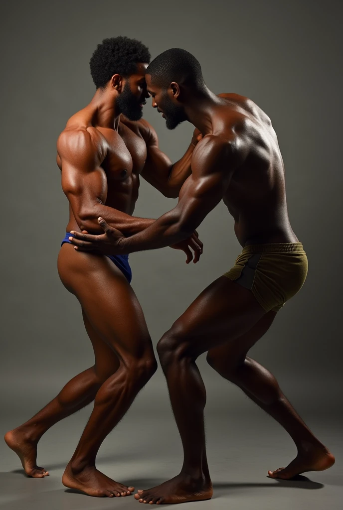 Image of a naked black man, muscular man in combat with another man