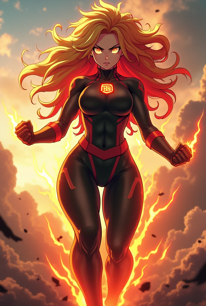 Boku no Hero Academia,gender woman,Blonde hair mixed with red,red and yellow eyes,Whole body,motion