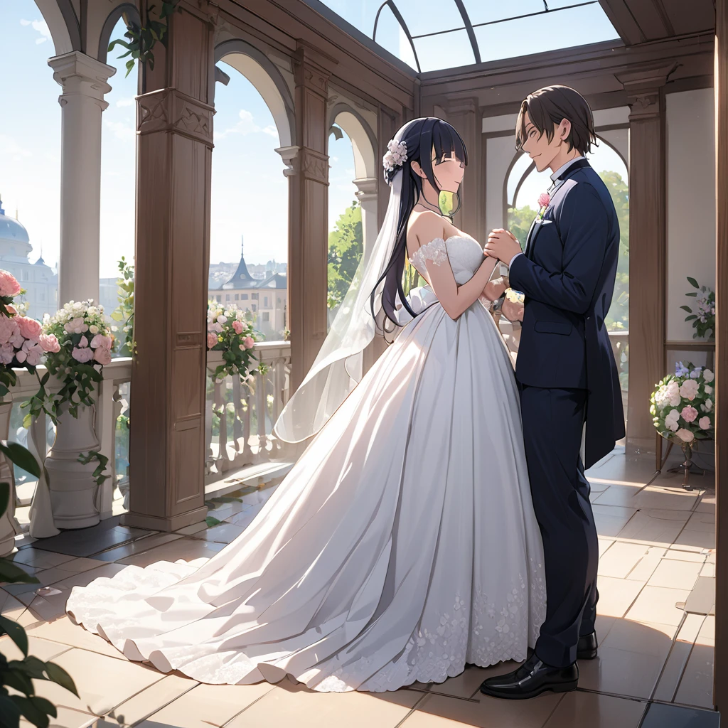 ((Highest quality)), ((masterpiece)), (detailed), (Perfect Face)、The woman is Reika Aoki with semi-long hair、A woman is getting married to a Russian man in the Loggia