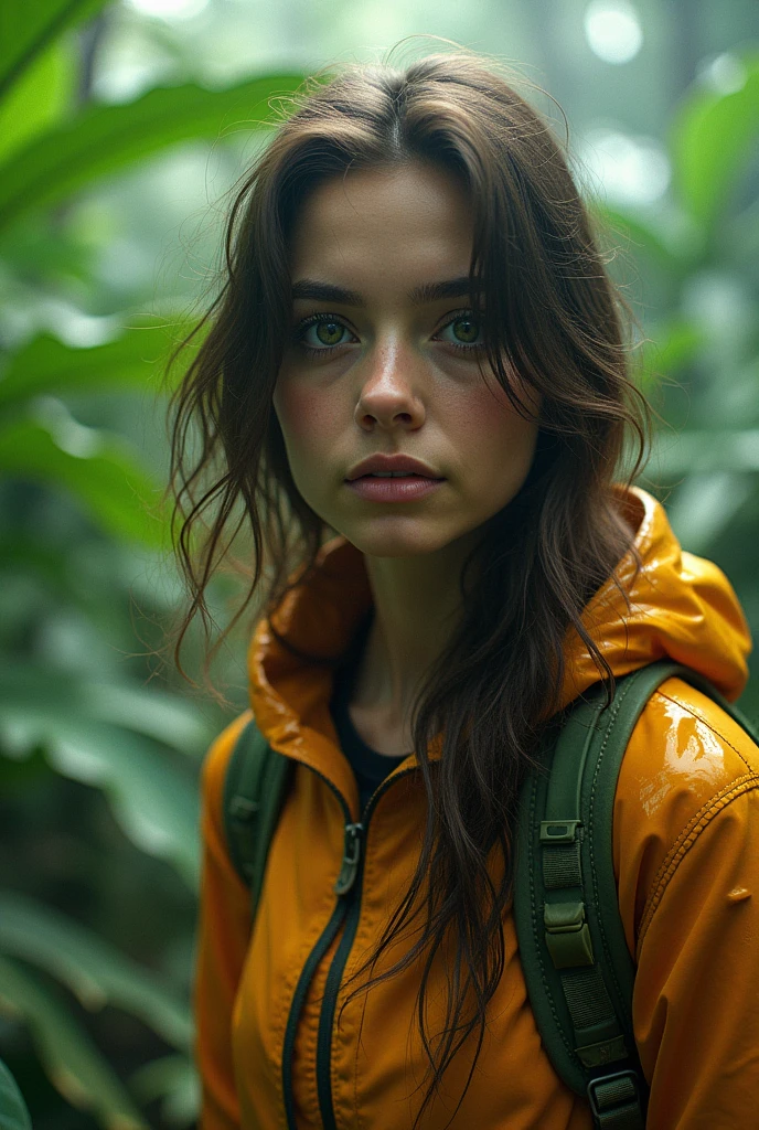 A daring female explorer, traversing the depths of a vibrant, alien jungle teeming with fascinating, never-before-seen creatures ([Lily Collins|Victoria Justice|Emma Roberts]:0.8),  Green eyes, detailed clothes, skinny, shinny glossy skin, subsurface scattering,  [(colorful explosion psychedelic paint colors:1.21)::0.2], (sharp:0.7), amazing fine detail, Nikon D850 film stock photograph Kodak Portra 400 camera f1.6 lens, rich colors, lifelike