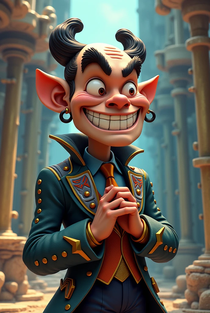 Create a smiling animated villain, and with a strange but cool suit , is the king of puzzles