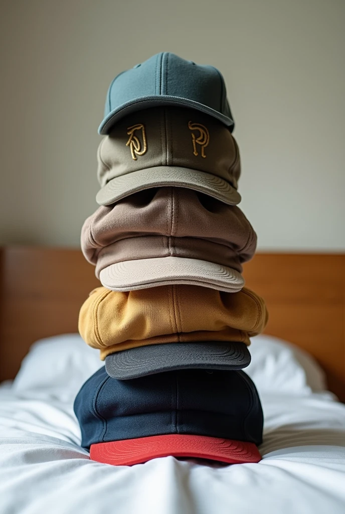 images a bunch of caps together and of different types looking at the bed!They are placed as if they were a tower of caps starting with 3 and ending in 1 WITHOUT BOTTOM