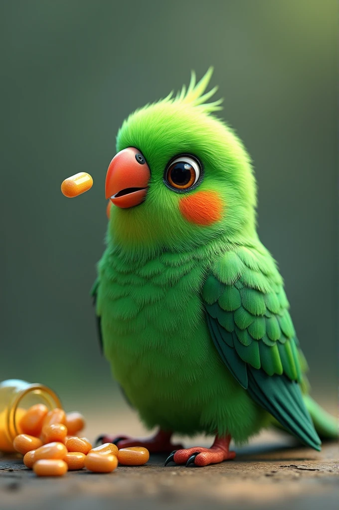 Green bird taking medicine