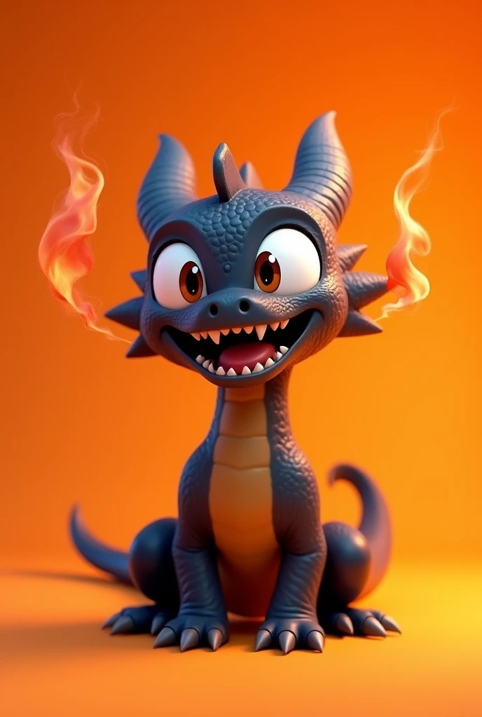 Quero um pet shadow dragon do jogo adopt me no Roblox. I don't want it realistic, I want him to have a cartoon theme with his mouth open, smoke coming out of the nose with an orange background