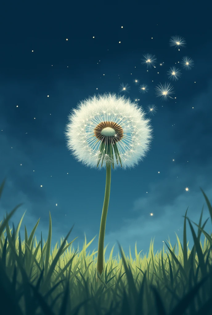 Studio Ghibli Style, Symmetrical close-up of a large dandelion seed head, Soft grass, Beautiful stars falling in the night sky々.