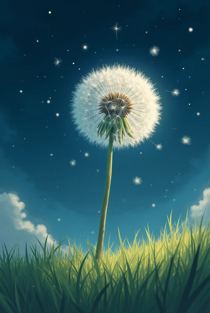 Studio Ghibli Style, Symmetrical close-up of a large dandelion seed head, Soft grass, Beautiful stars falling in the night sky々.