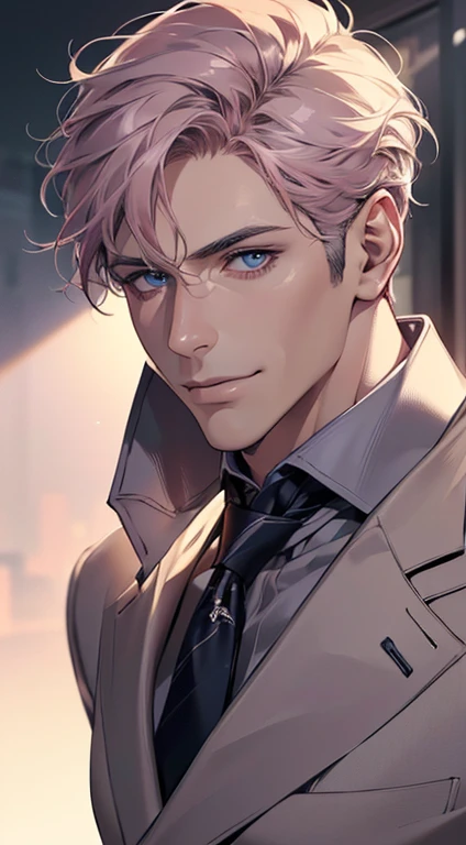 (best quality,4k,8k,highres,masterpiece:1.2),ultra-detailed,(realistic,photorealistic,photo-realistic:1.37),1 man,3,mature man,very handsome,without expression,smile,short grey pink hair,blue eyes,penetrating gaze,perfect face without errors,imposing posture,businessman,office background,cinematic lighting,hdr image