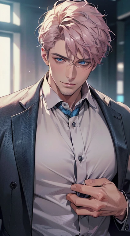 (best quality,4k,8k,highres,masterpiece:1.2),ultra-detailed,(realistic,photorealistic,photo-realistic:1.37),1 man,3,mature man,very handsome,without expression,smile,short grey pink hair,blue eyes,penetrating gaze,perfect face without errors,imposing posture,businessman,office background,cinematic lighting,hdr image