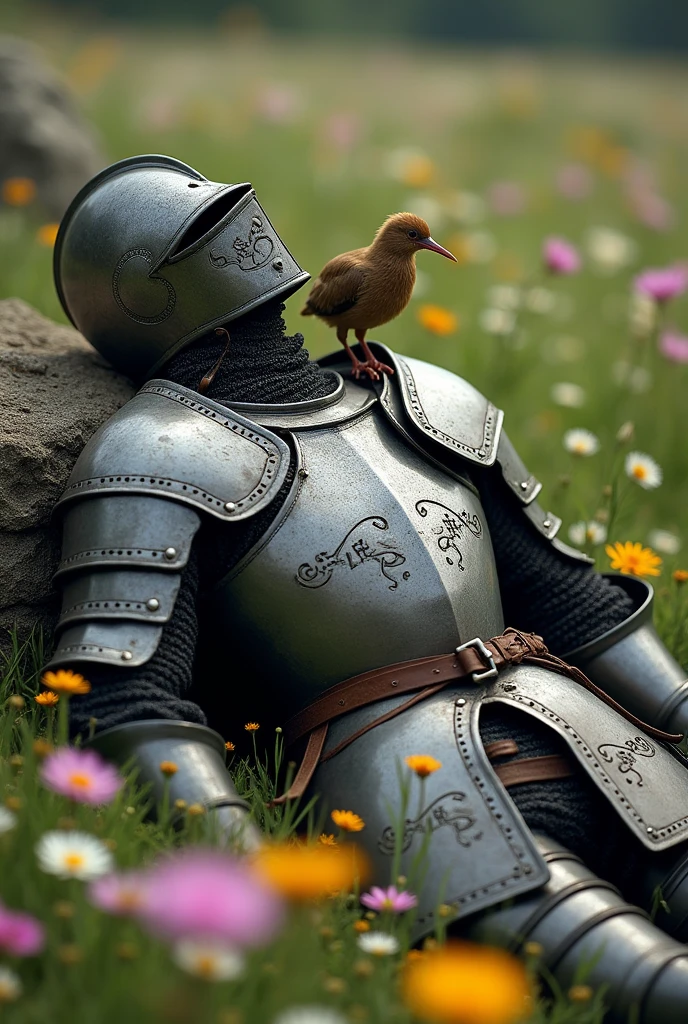 medieval warrior (minute details in the armor) with a helmet that covers his entire face, is leaning on a stone, dead, with an arrow piercing his chest, with a kiwi (the kiwi bird) on his chest in a field of flowers, full body image