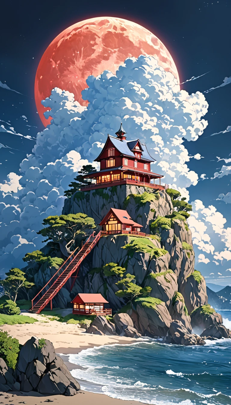 ((anime: 1.4, figure)), (masterpiece, Highest quality, Highest quality), (Very detailed, The absolute solution), ((16K, High resolution)) (anime Style), (masterpiece, Highest quality, Highest quality), (Very detailed, The absolute solution), Cumulonimbus、Big cliff、A lighted house、Red Moon