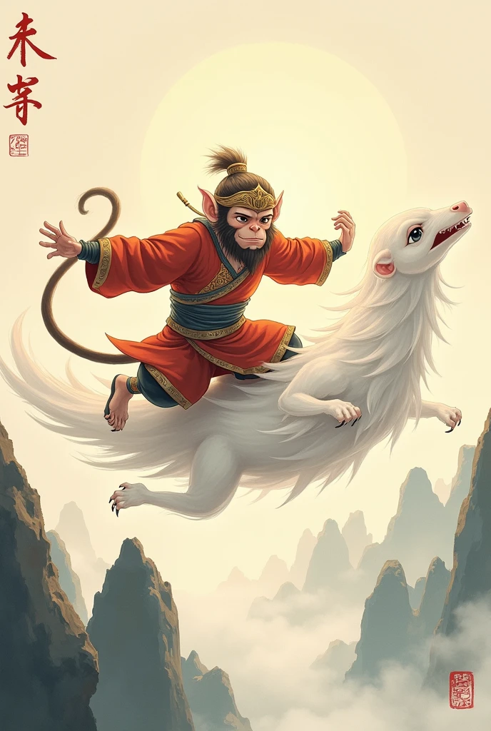 A beautiful Chinese painting style artwork of Sun Wukong flying on his flying cloud