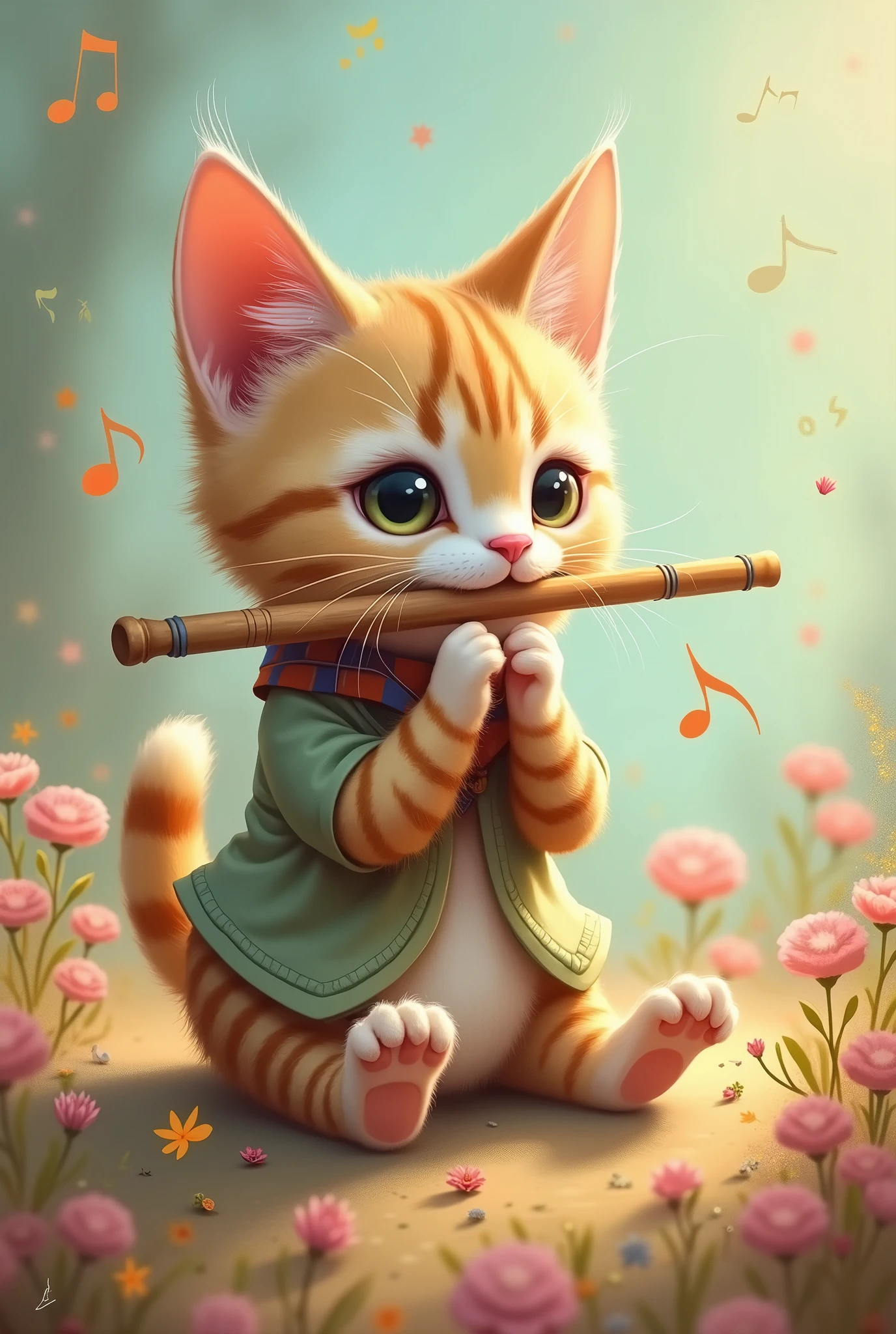 Look diagonally to the right、Draw a cat playing the flute