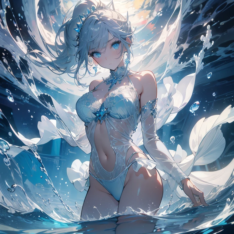((masterpiece, Highest quality)), Delicate face,Silver White, Mermaid under the sea,scale,whole body,Character portrait,Large Breasts,Gradient double ponytail,Perfect Body Proportions,Beautiful Eyes,Very beautiful,transparent,Pure white background,Water Ripples,Sexy Lingerie,race