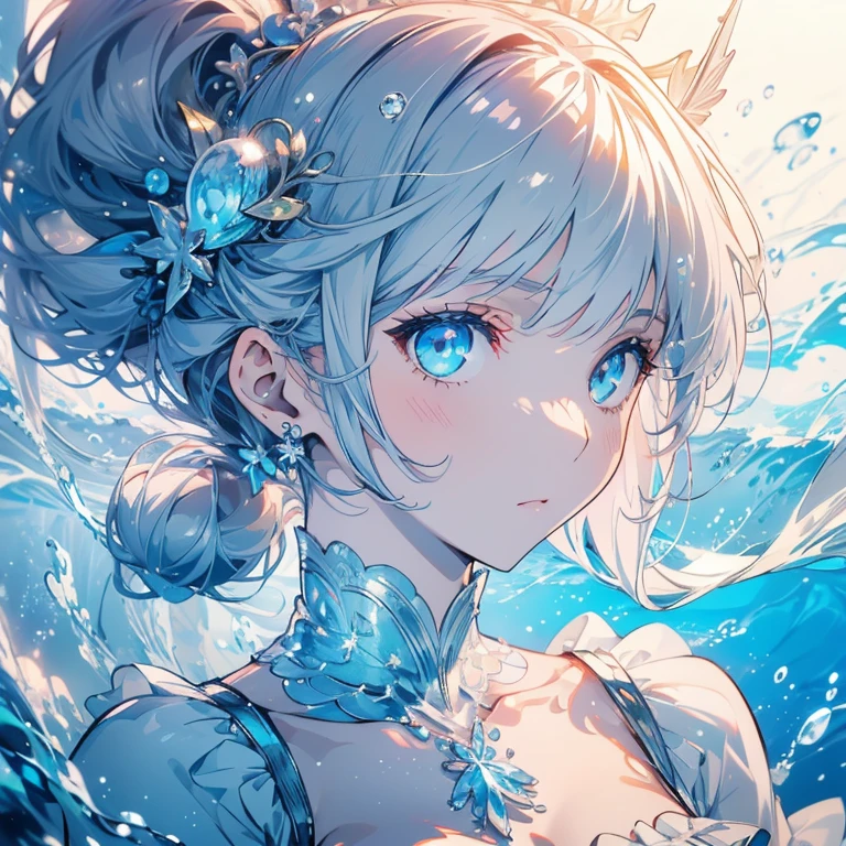 ((masterpiece, Highest quality)), Delicate face，Silver White， Mermaid under the sea，scale，whole body，Character portrait，Large Breasts，Gradient double ponytail，Perfect Body Proportions，Beautiful Eyes，Very beautiful，transparent，Pure white background，Water Ripples，Sexy Lingerie，race