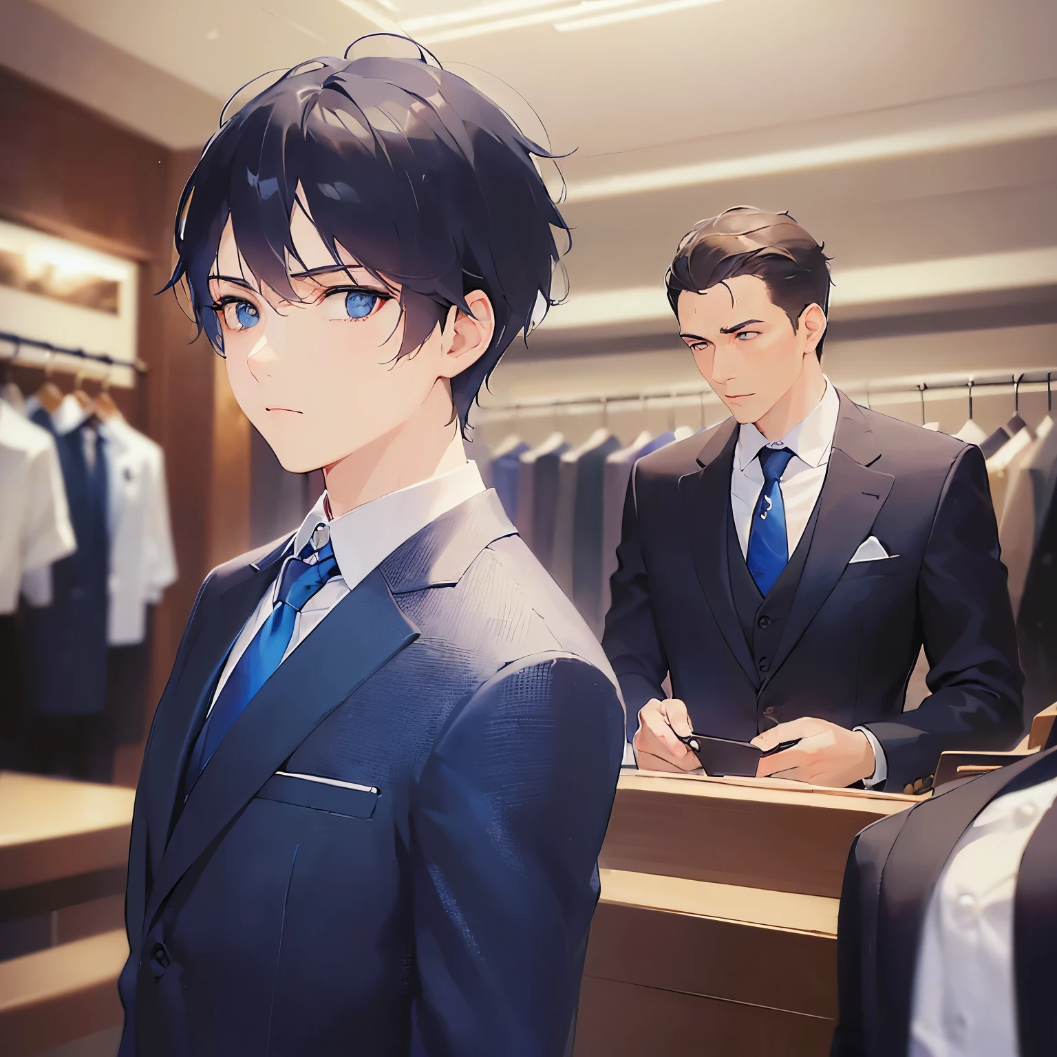 (looking away:1.5),masterpiece,Highest quality,BREAK(Ald man:1.5) and (Black short hair) and (blue eyes)and (Wearing a suit:1.5) and (Blue tie)BREAK,The background is the interior of a clothing store.,(Serious),alone,