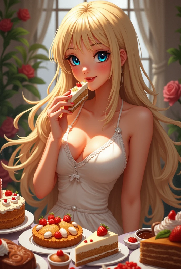 "Create an image of a blonde female character with long straight hair, Falling down to the waist. She must have bright blue eyes and a sweet, charming expression.. The character is surrounded by a variety of delicious dishes and desserts. She is pictured with a satisfied smile and a look of pleasure as she enjoys a slice of cake.. Mulher obese de 600 libras, ultra detailded, work of art, best qualityer, aesthetics, detailded, Cute and Fat Face, big-ass, bochechas grandes, obese body, sexly, obese, glad, cute expression, too hot, she has a round and fat belly, body swelling about to explode, Thick, with big breasts, very thick thighs, obese arms, barriga obese, bochechas grandes, slob body