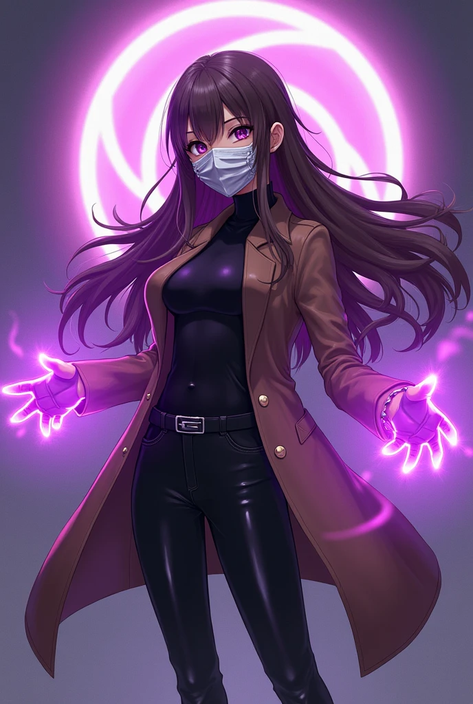 Generates an anime character with a white robotic eye with vision lenses, and a smiling mask, Brown hair, brown jacket, and physical aesthetics, with black tight shirt, and thin black pants, with elegant shoes, controlling bones with penetrating purple aura