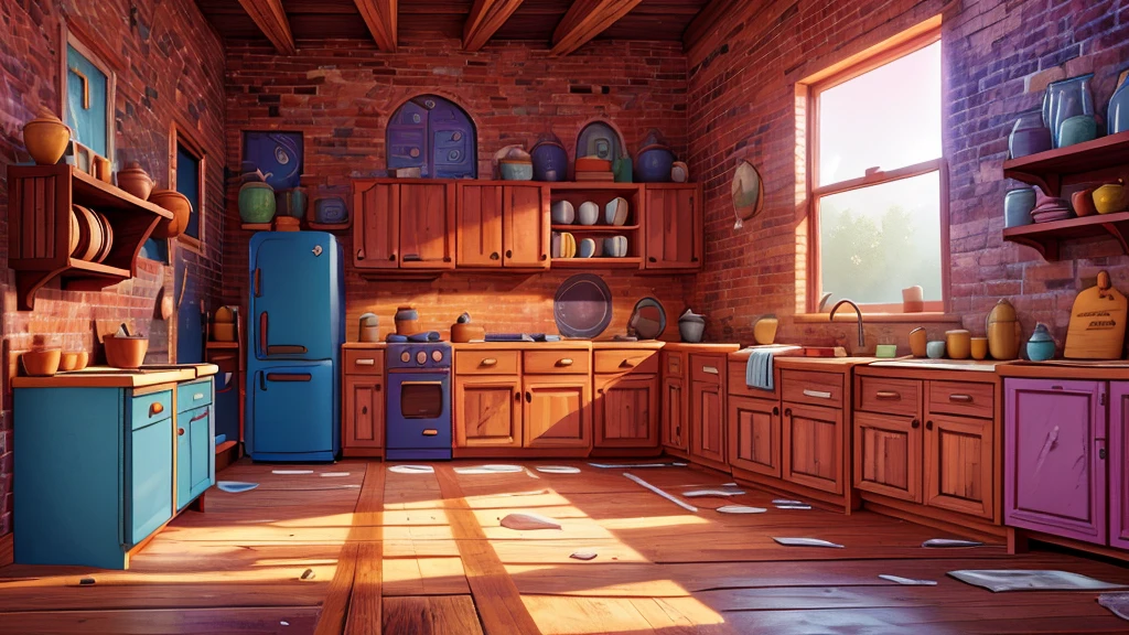 "A vibrant digital painting of an old kitchen, with exposed brick walls and a cracked wooden floor. The refrigerator, with its doors wide open, reveals rusty, empty shelves. Moonbeams stream through a broken window, illuminating the crumbs scattered across the floor. The shadows of trees cast on the wall create strange patterns, suggesting the presence of something hidden."